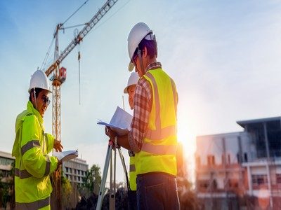 Construction engineers discussion with architects at construction site or building site of highrise building with Surveying for making contour plans is a graphical representation of the lay in land.